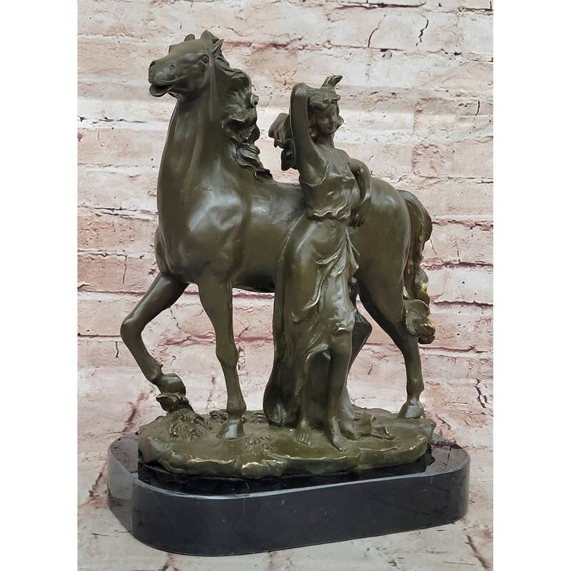 Art Nouveau Style Bronze Woman And Imitative Horse – Decorative Sculpture On Marble
