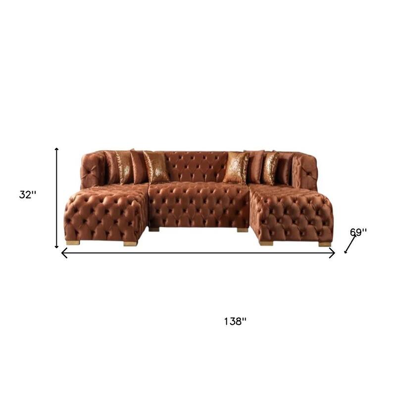 HomeRoots Tufted Orange Velvet Modular U Shaped Sofa and Chaise Sectional With Toss Pillows