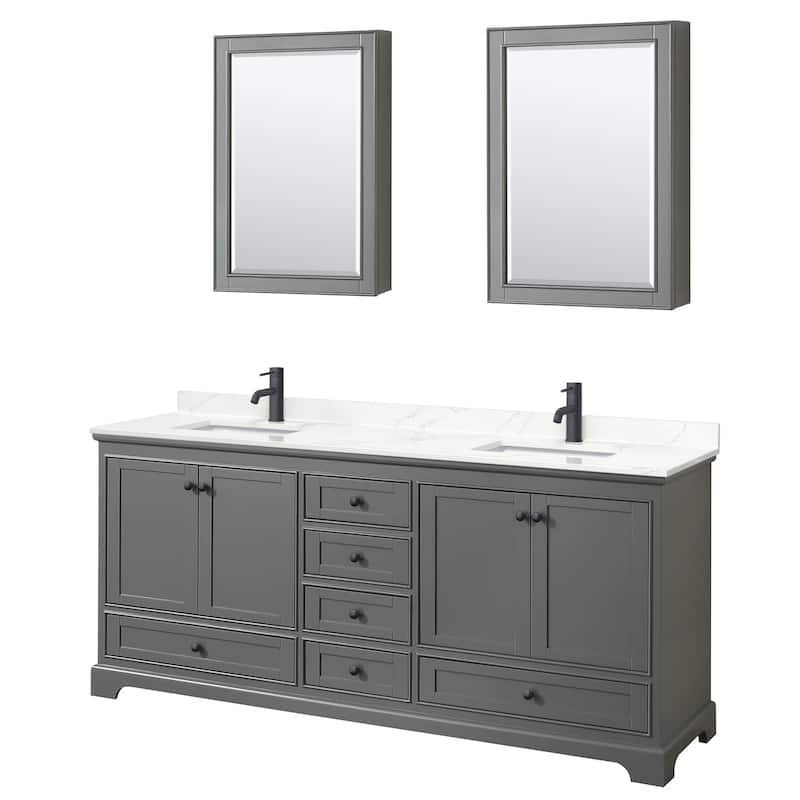 Deborah 80-inch Double Vanity, Quartz Top, Medicine Cabinets - Dark Gray, Black Trim, Giotto Quartz Top