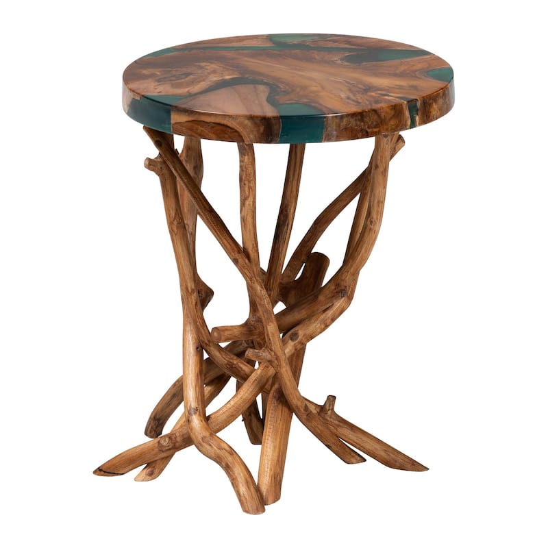 Amada Teak Wood Epoxy Resin End Table - Round Live Edge Side Table with Branch Legs, Handcrafted Modern Rustic Accent Table - Natural Brown/Green