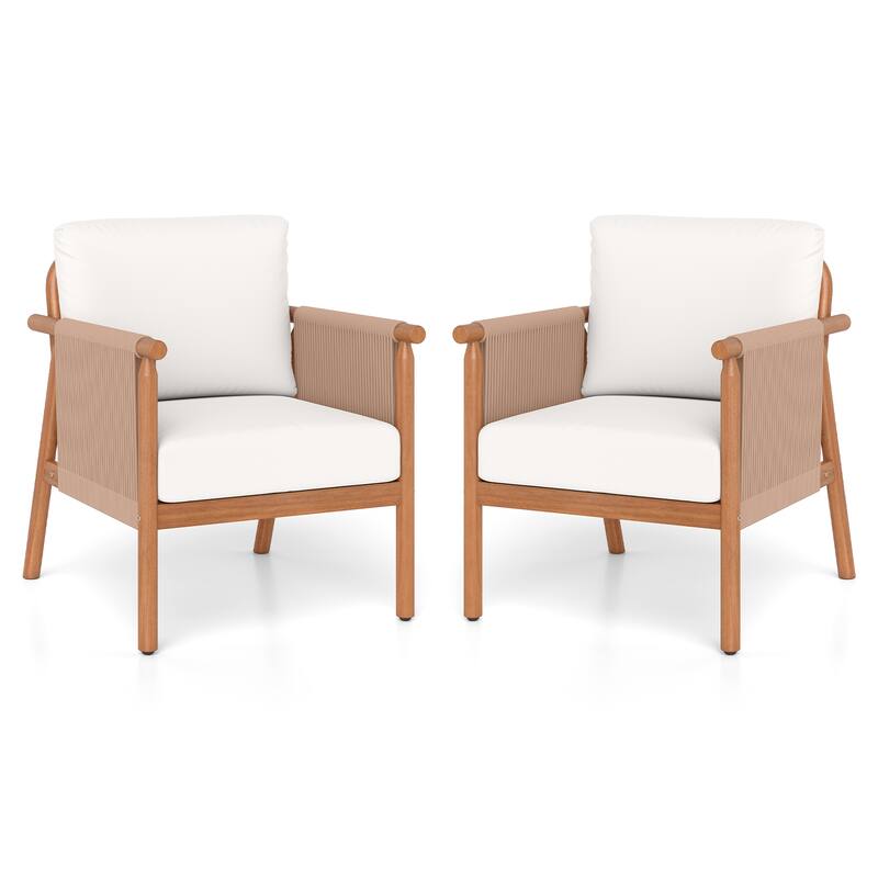 Gymax 2PCS Patio Acacia Wood Chair w/ Woven Rope Armrests & Seat Back - White
