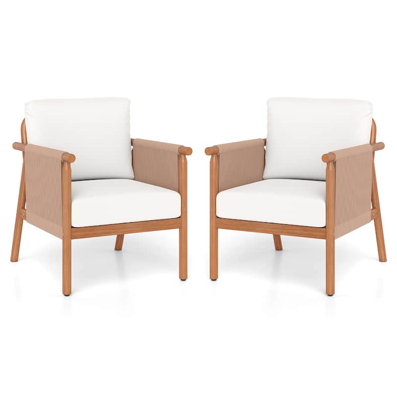 Gymax 4PCS Patio Acacia Wood Chair w/ Woven Rope Armrests & Seat Back