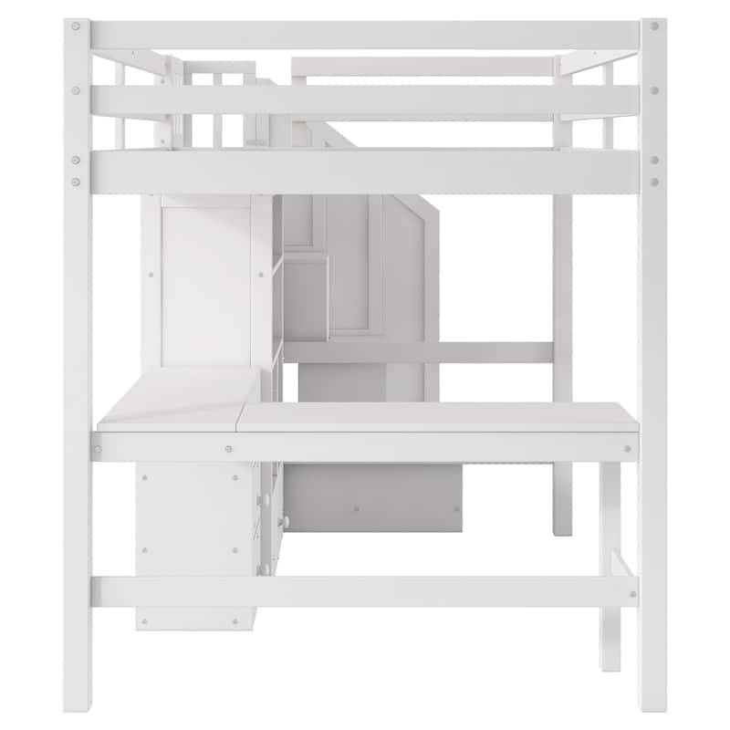 Full Size Loft Bed with L-Shaped Desk, Drawers, Cabinet, and Storage Staircase, White
