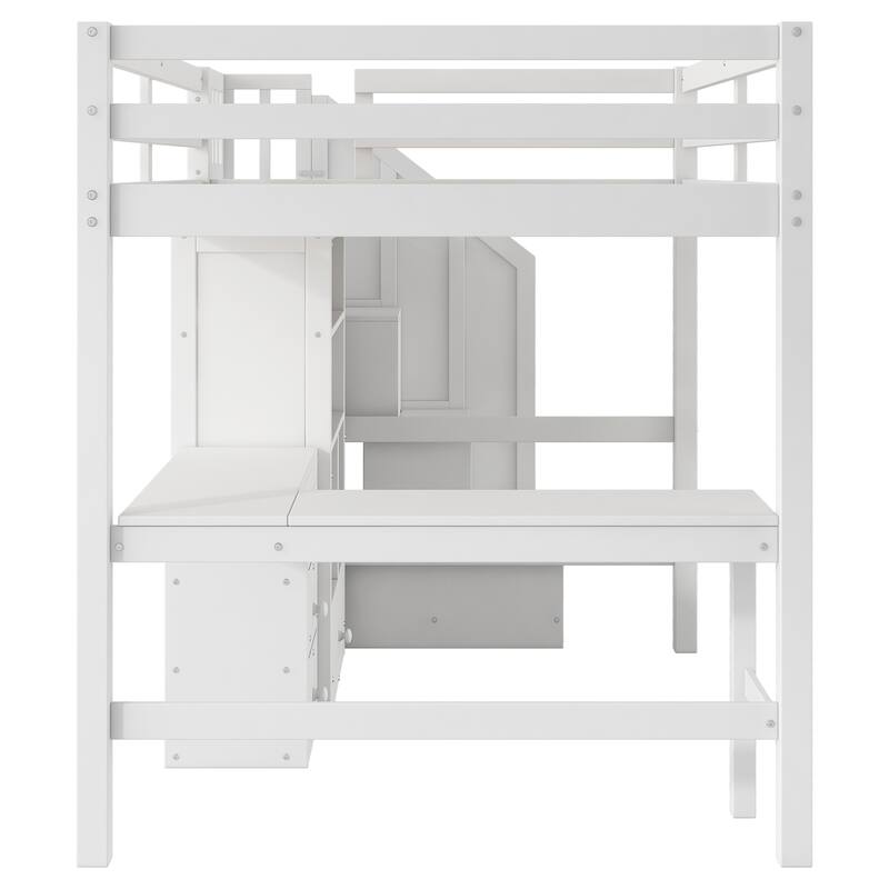 Twin/Full Loft Bed with L-Shaped Desk and Storage Staircase, Multi-Functional Solid Wood Loft Bed Frame with Drawers & Bookcase