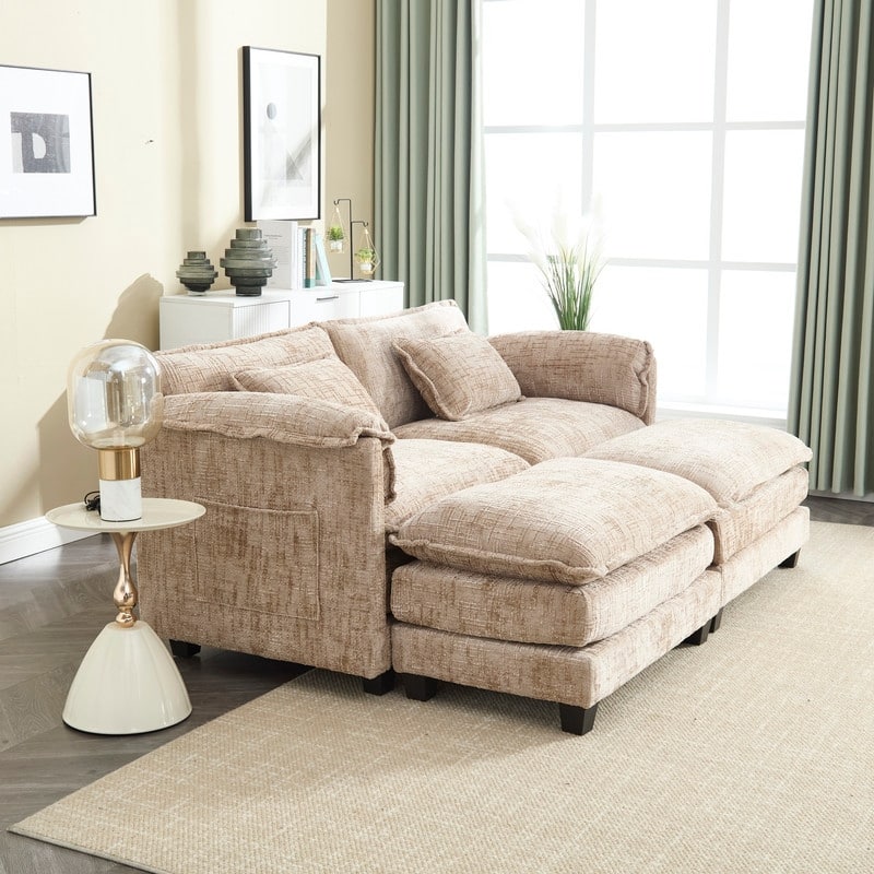 76.77" Chenille Upholstered Sofa with 2 Ottomans