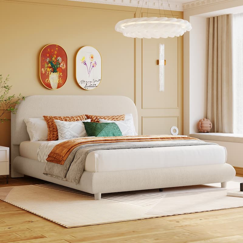Queen Size Upholstered Platform Bed with Curve-shaped Design, Beige - Beige