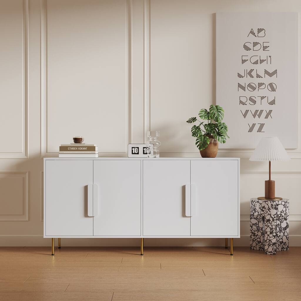 White Modern Sideboard Buffet Cabinet 4 Handle Doors Storage Cabinets - 15.75 x 62.99 x 31.50