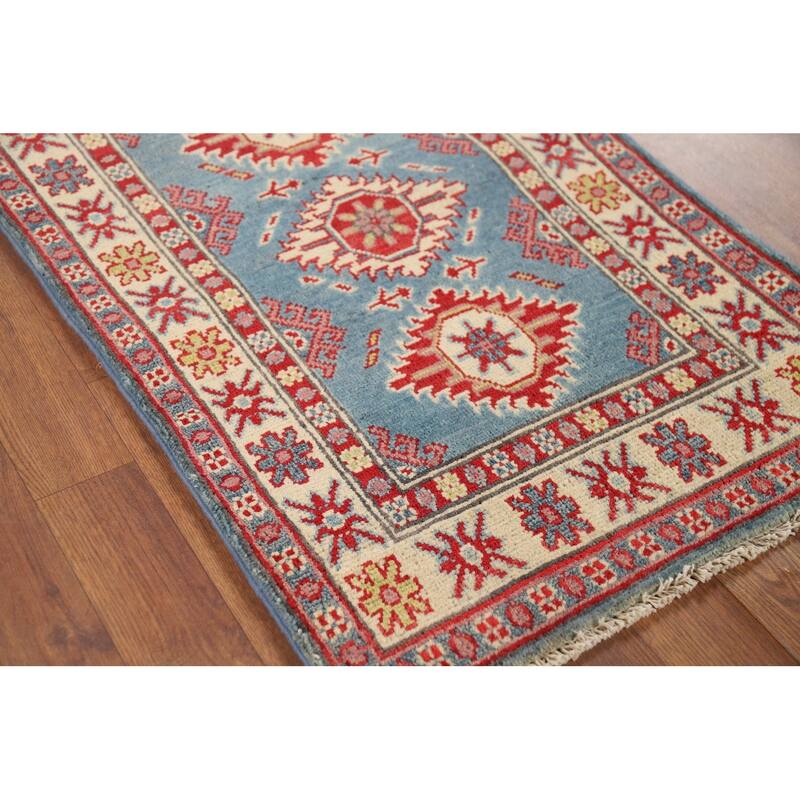 Hand Knotted Oriental 100% Wool Carpet Traditional Geometric Navy Blue & Blues Kazak Area Rug - 3' 1'' X 2' 0''