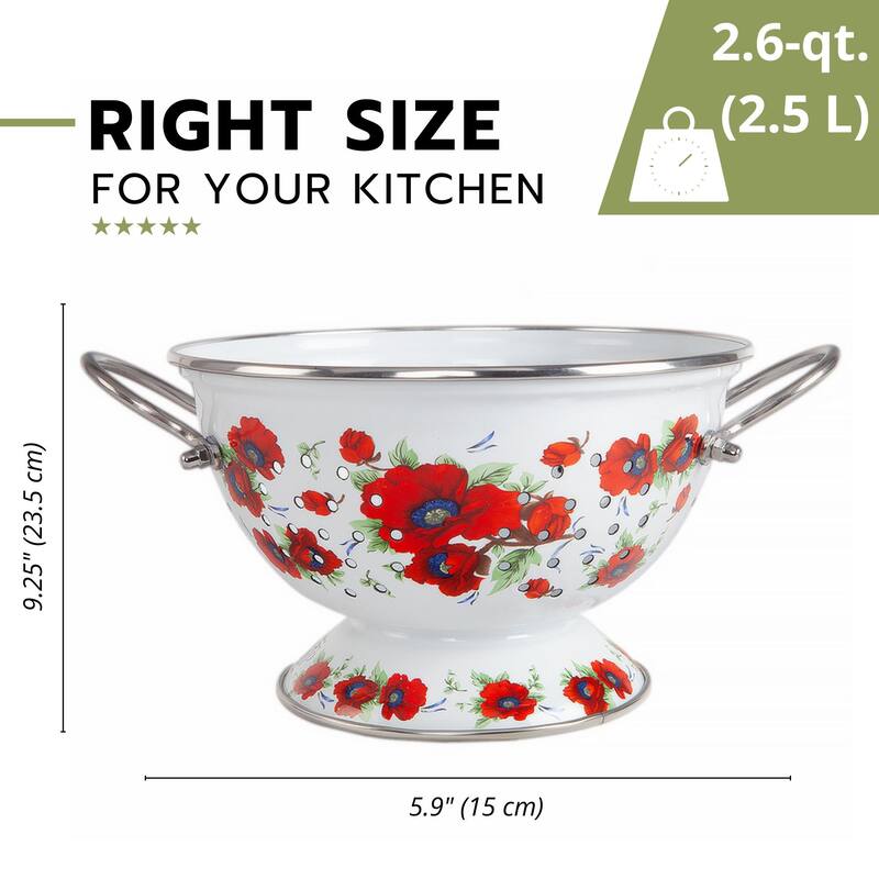 STP Goods 2.6 Qt Enameled High Quality Versatile Colander - 2.6Qt - Poppies
