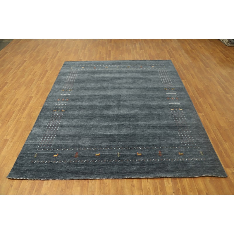Hand Knotted Oriental 100% Wool Carpet Tribal Animal Pictorial Navy Blue & Blues Gabbeh Area Rug - 9' 10'' X 8' 2''