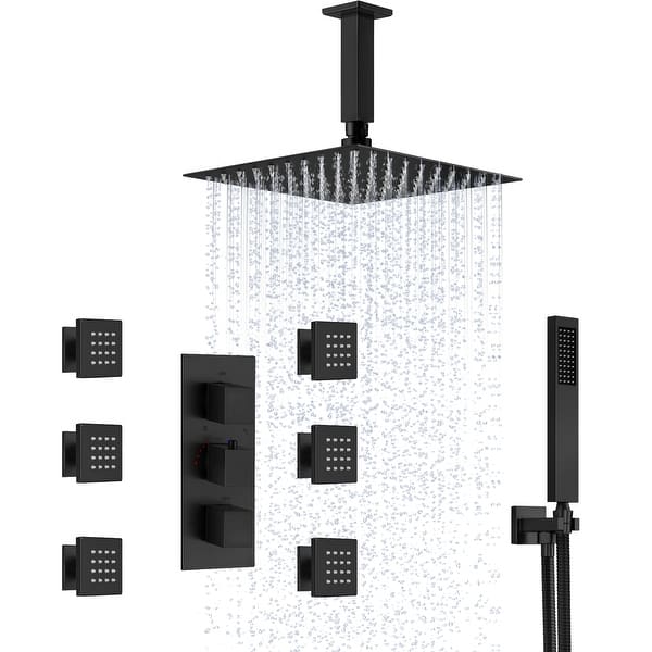slide 2 of 35, 12" Ceiling Mount Rainfall 3 Way Thermostatic Shower Faucets Sets with 6 Body Jets