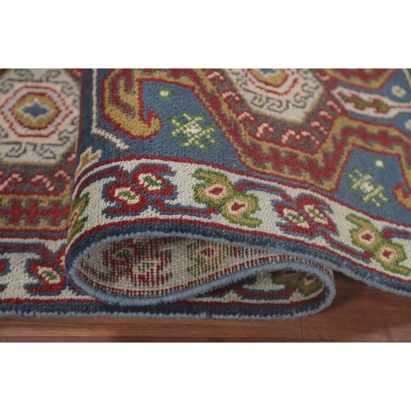 Geometric Blue Kazak Oriental Runner Rug Handmade Wool Carpet - 2'7"x 10'1"