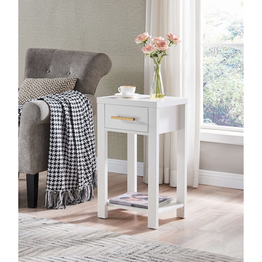 Chic White Side Table for Drinks, Books & More with Drawer and Shelf