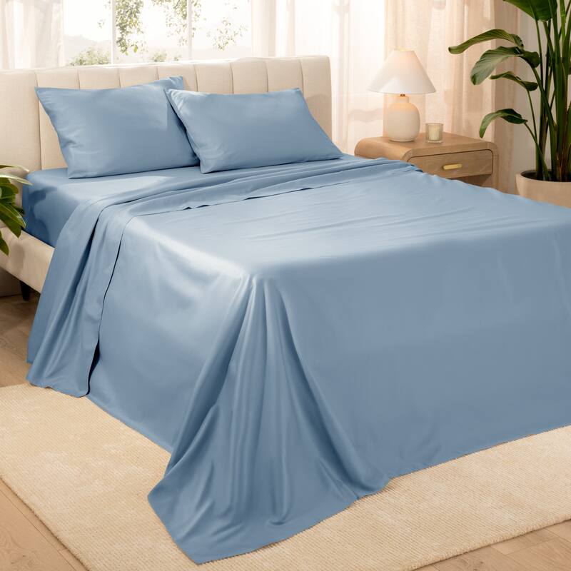Bare Home Organic Cotton Sheet Set - Silky Smooth Sateen Weave - Twin - Dusty Blue