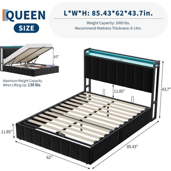 dimension image slide 9 of 12, Bed Frame with Lift Up Storage, Upholstered Velvet Platform Bed with Storage Headboard