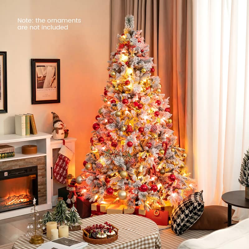 Gymax 4.5/6/7 FT Pre-Lit Artificial Christmas Tree Snow-Flocked Hinged