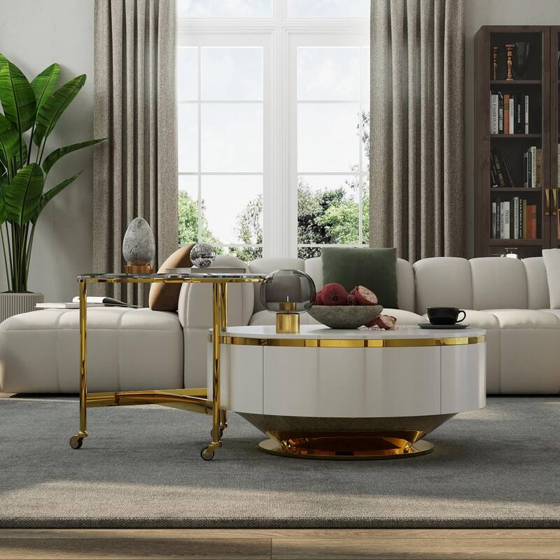 Nesting Coffee Table Set with End Table Round Coffee Table with 2 Storage Drawers