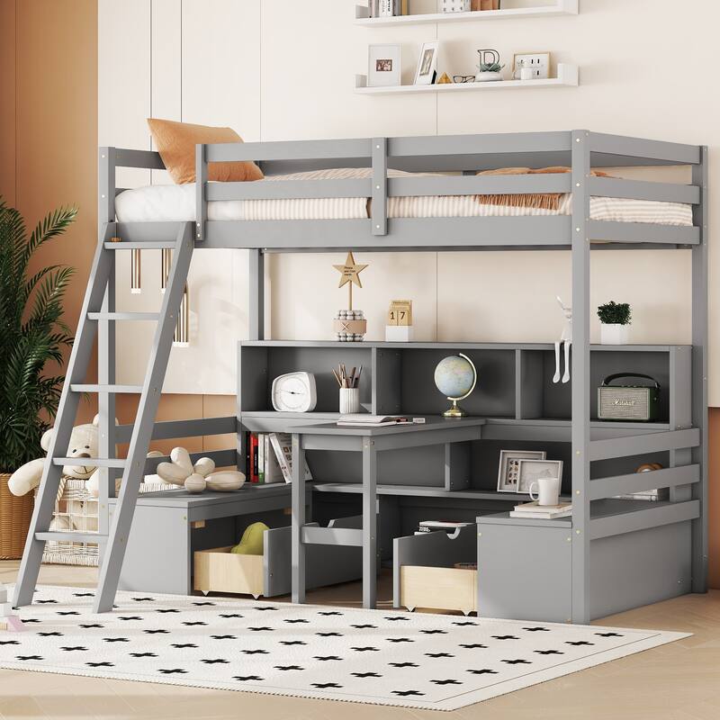 Grey Twin Loft Bed with Storage, Desk, and Seat for Kids' Room