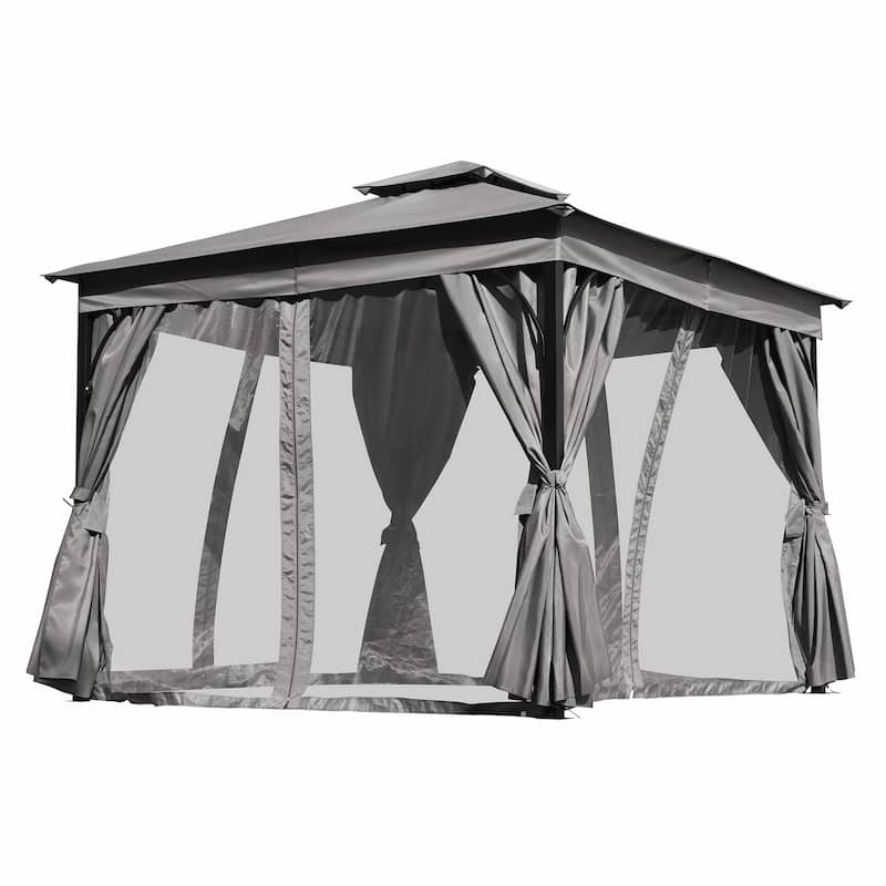 Outdoor Gazebo Tent with Double Roof, Mosquito Netting & Privacy Screens