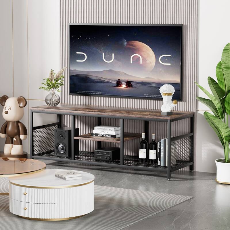 VECELO Industrial TV Stand for Televisions up to 80 Inch,70" Entertainment Center with Open Storage Shelves,Console Table