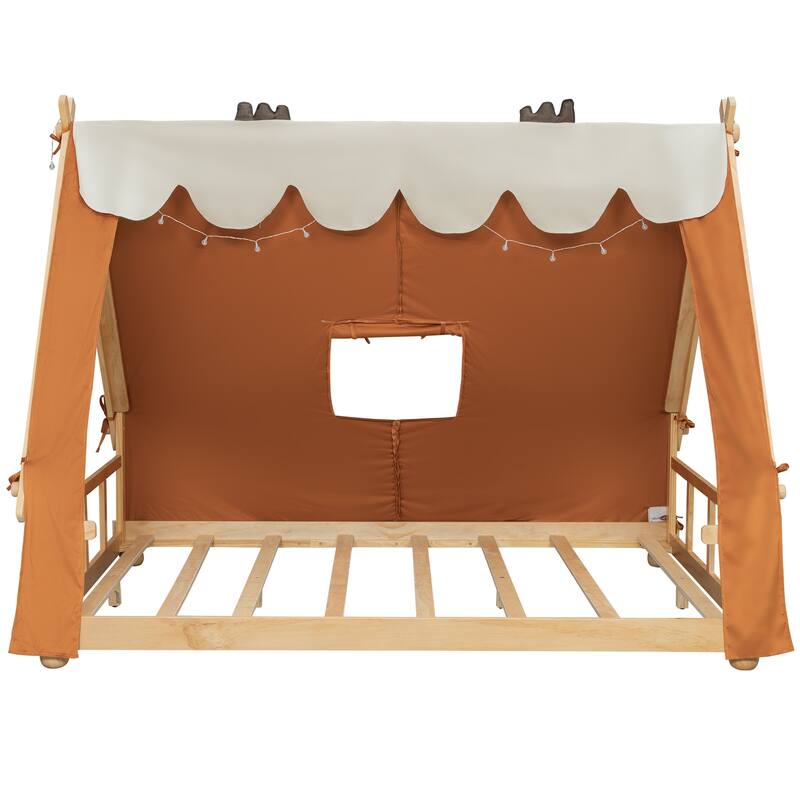 Deer Antler Accents House Bed Tent with Light and Roll-Up Curtain Skylight, Low Platform Bed with Detachable Tent and Roof