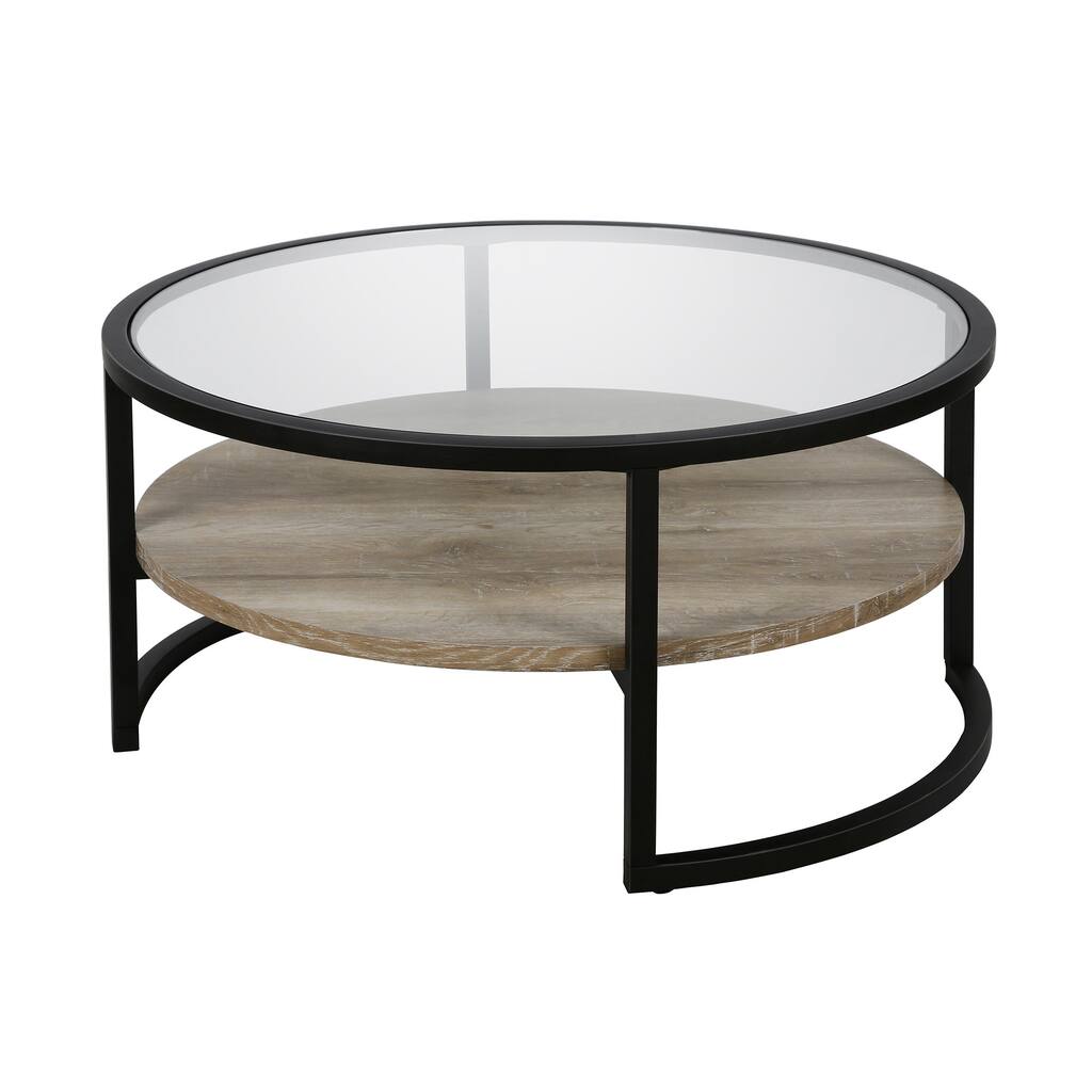 34" Black Glass Round Coffee Table with Steel Base and Shelf for Storage - 34" x 34" x 17"
