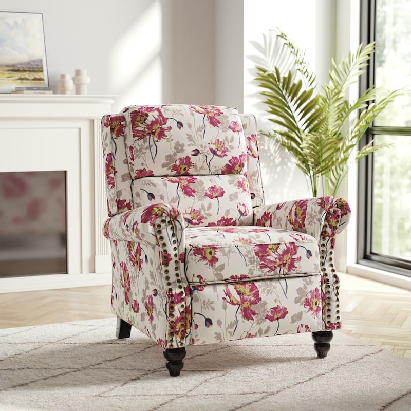Nail-head Padded Seat Pushback Recliner Chair - Pattern White Linen