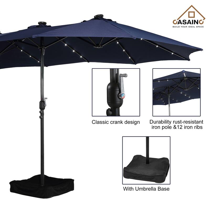 15-ft. Rectangular Crank Double-sided Outdoor Market Umbrella Solar LED Lighted Patio Umbrella with Base Included