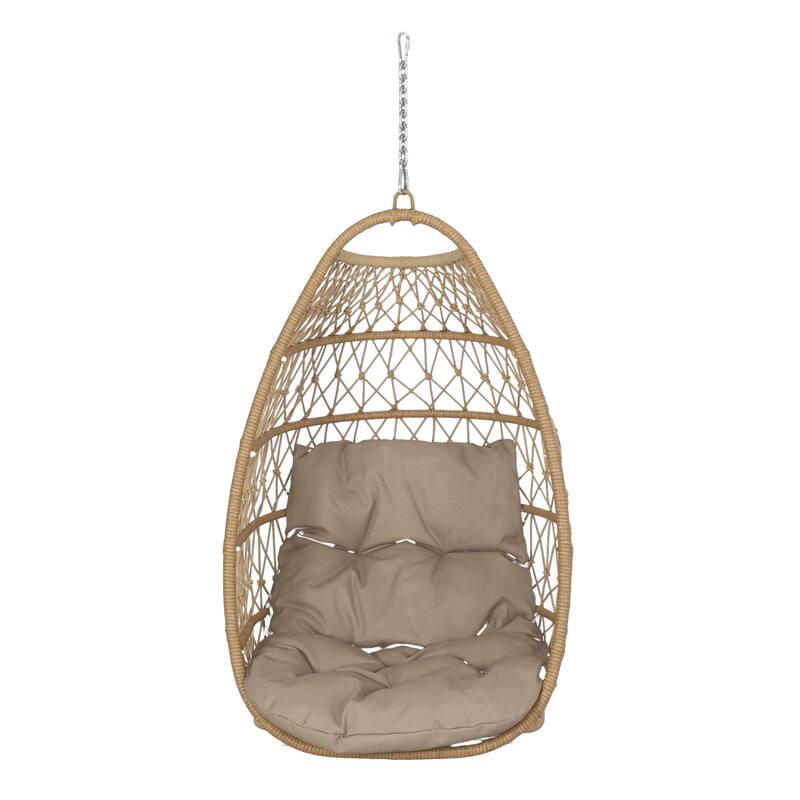 Roomfitters Hanging Wicker Egg Chair, Teardrop Rattan Swing Seat with Soft Tan Cushion and Steel Chain for Patio