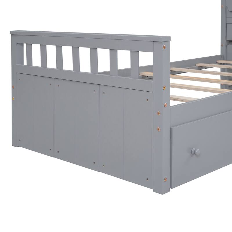 Space-Saving Twin Loft and Platform Bed with 7 Drawers and Full Guardrails in Gray