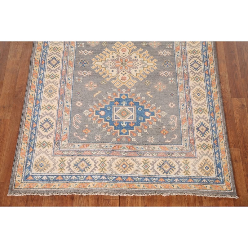 Geometric Kazak Oriental Area Rug Hand-Knotted Wool Carpet - 4'1"x 6'0"