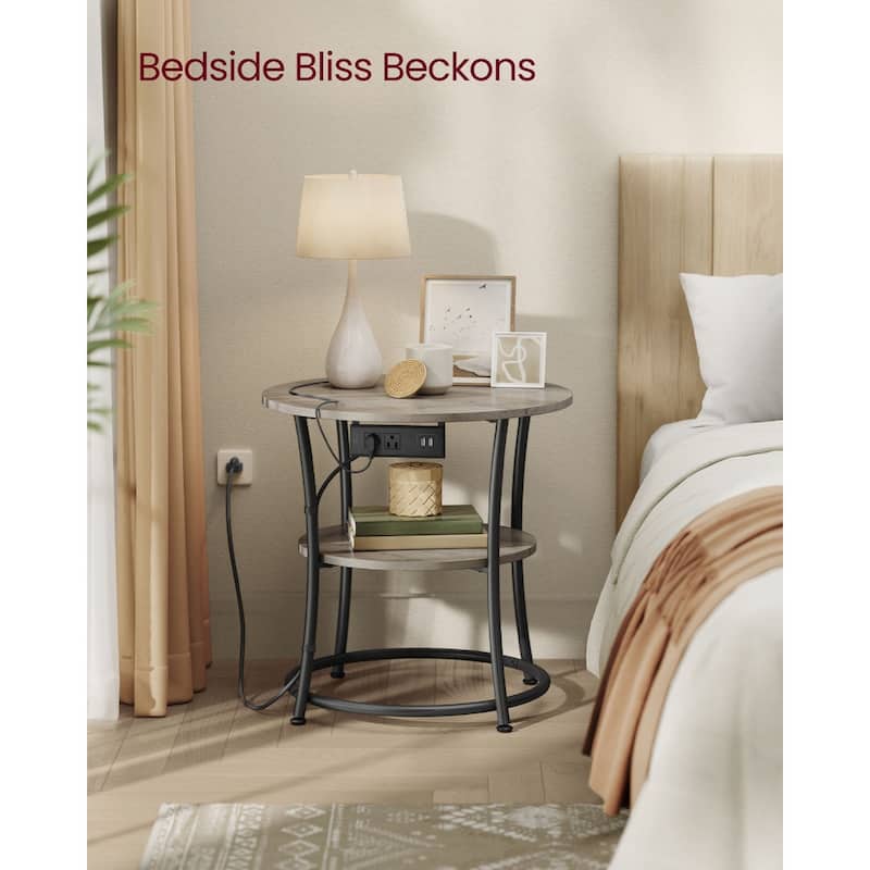 Metal Wood Round Side Table with USB Ports and 2 Tier Storage - 21.7"D x 21.7"W x 21.7"H