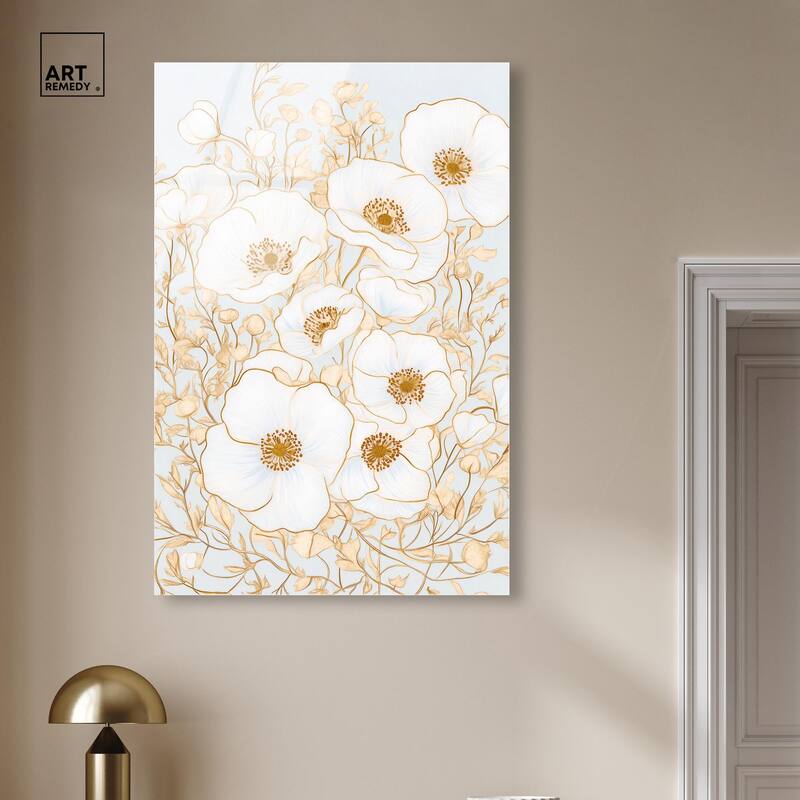 White and Gold Poppies I Acrylic by Art Remedy, Ready to Hang