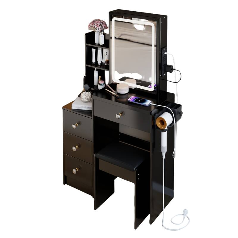 Dressing Table Set, 29.2" Vanity w/ LED Mirror, Charging Station,Stool