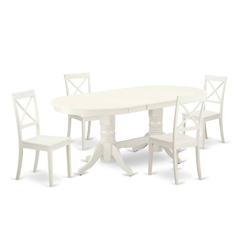 5 Piece Kitchen Dining Set with Butterfly Leaf Table & 4 Chairs - Linen White Wood Dinette Set - 76.3