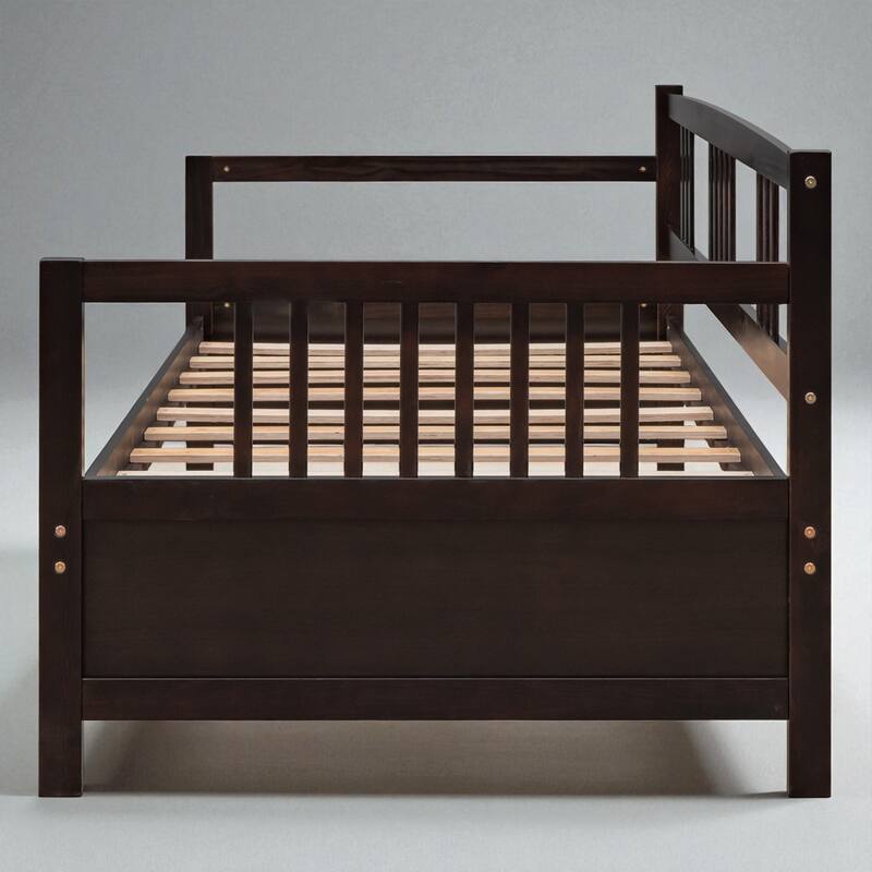Modern Twin Size Solid Wood Daybed with 3-Sided Rail, Vintage Style Frame with Slats, Multifunctional Sofa Bed