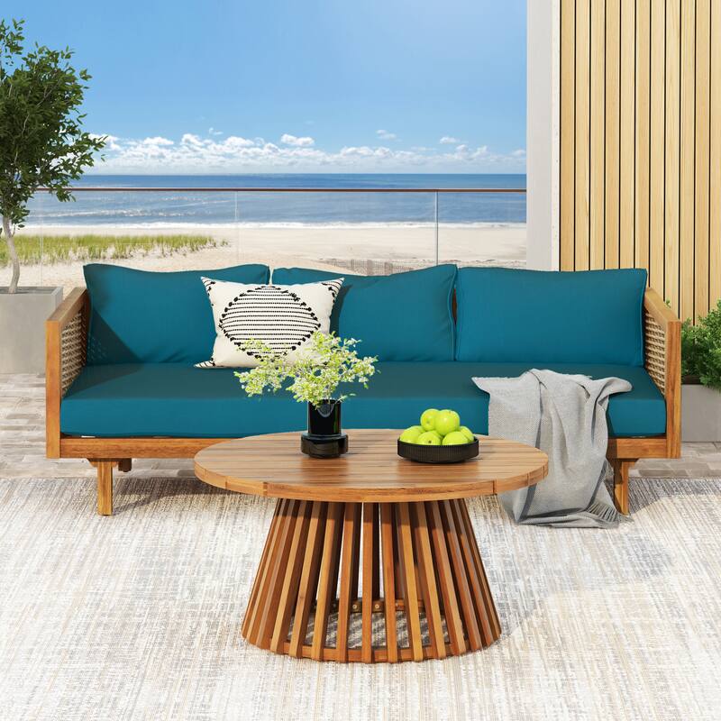 Christopher Knight Home - Zika Outdoor Acacia Wood Coffee Table and Daybed Set - Teak Finish+Dark Teal Cushion+Mix Brown Wicker
