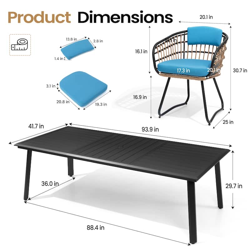 VredHom 9-PC Outdoor Patio Rectangular Aluminum Dining Sets Table with Rattan Chairs Umbrella Hole
