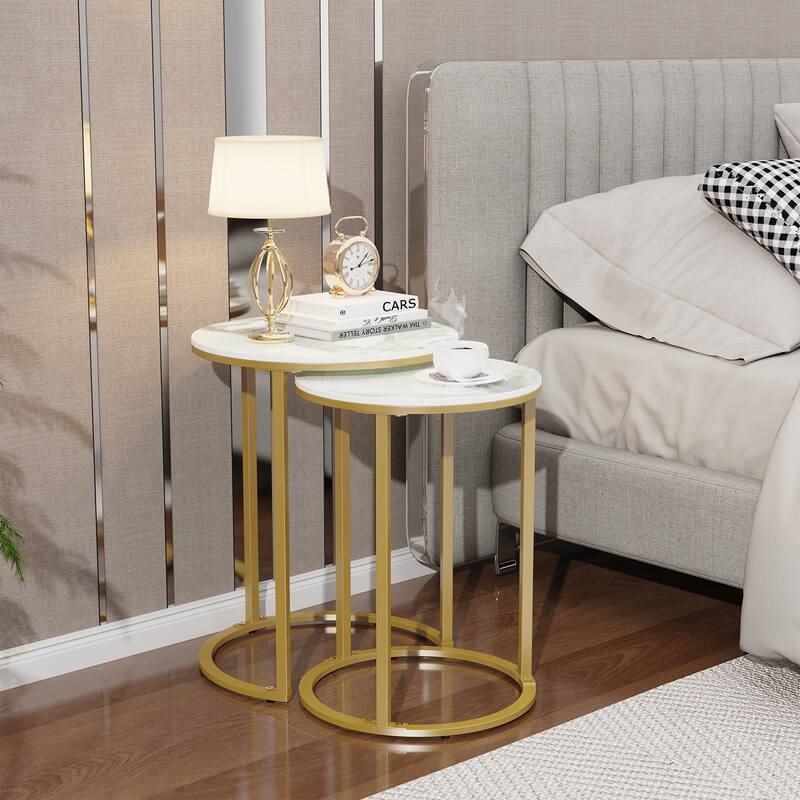 Gold Round Nesting Side Table with Sintered Stone Tops - White/Gold