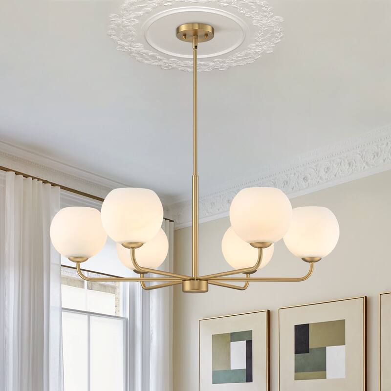 6-Light Black/Gold Modern Large Sputnik Chandelier with Opal Glass Globe