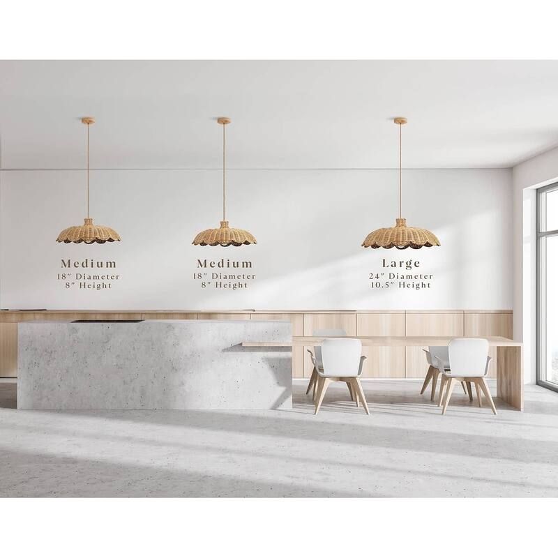 Aurelia Rattan Pendant Light - Natural Hardwired Light Fixture for Kitchen Island or Dining Room in Boho or Coastal Style