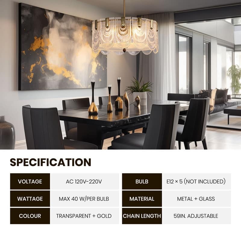 20 in. Gold Modern Drum Chandelier 5-Light Glass Low Profile Pendant Lights for Dining Room