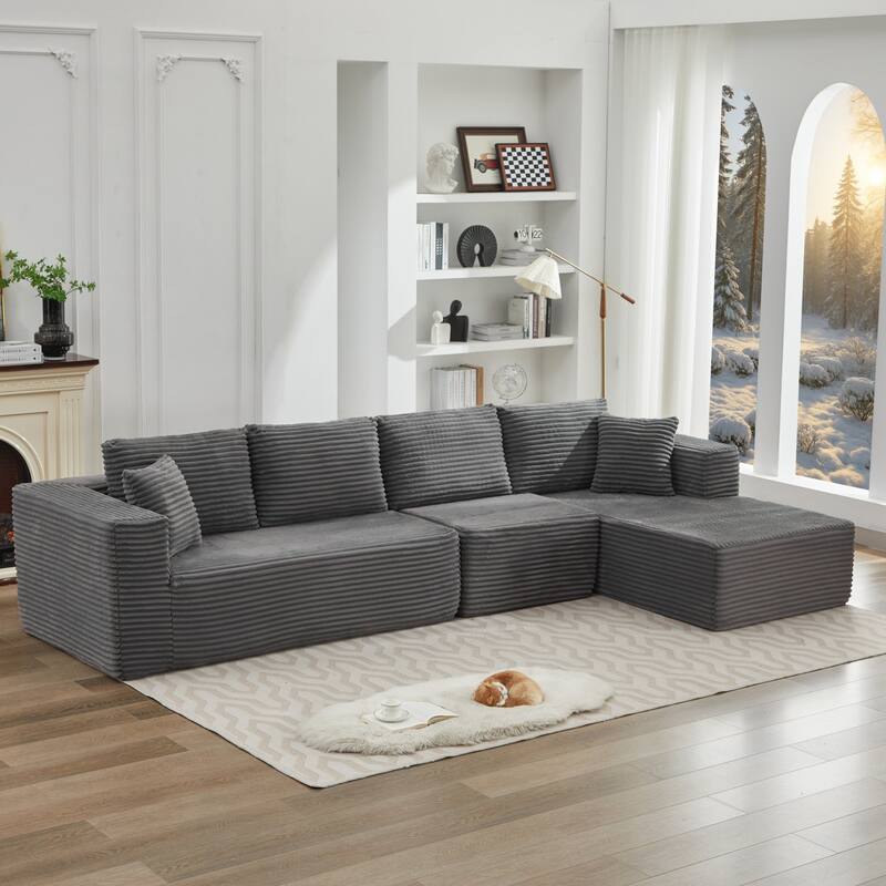 Modular Sectional Sofa with L-Shape Chaise, Oversized Corduroy Upholstered Cloud Sofa, Deep Seat Sofa with 2 Throw Pillows