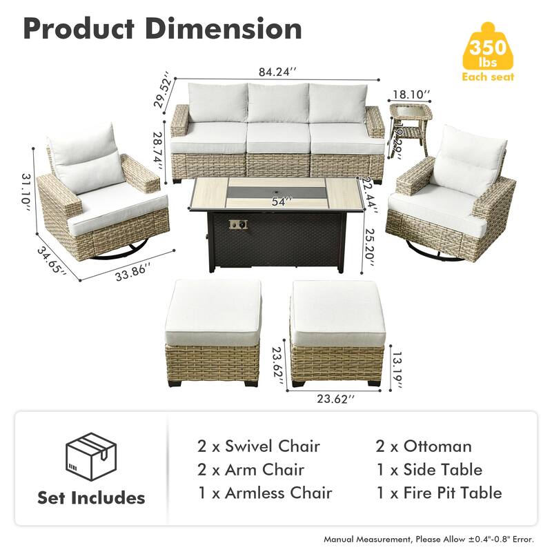 HOOOWOOO 9-piece Outdoor Wicker Furniture Swivel Rocking Chair Set with Fire Pit Table
