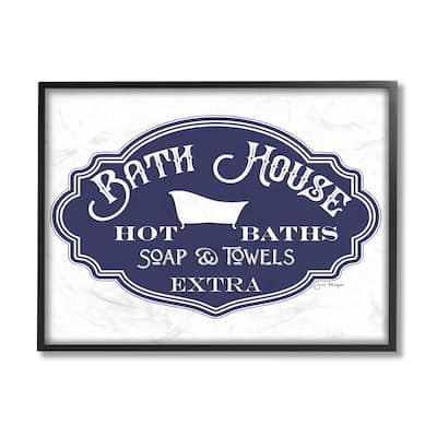 Stupell Vintage Bath House Sign Minimal Blue White Framed Giclee Art Design By Jill Meyer