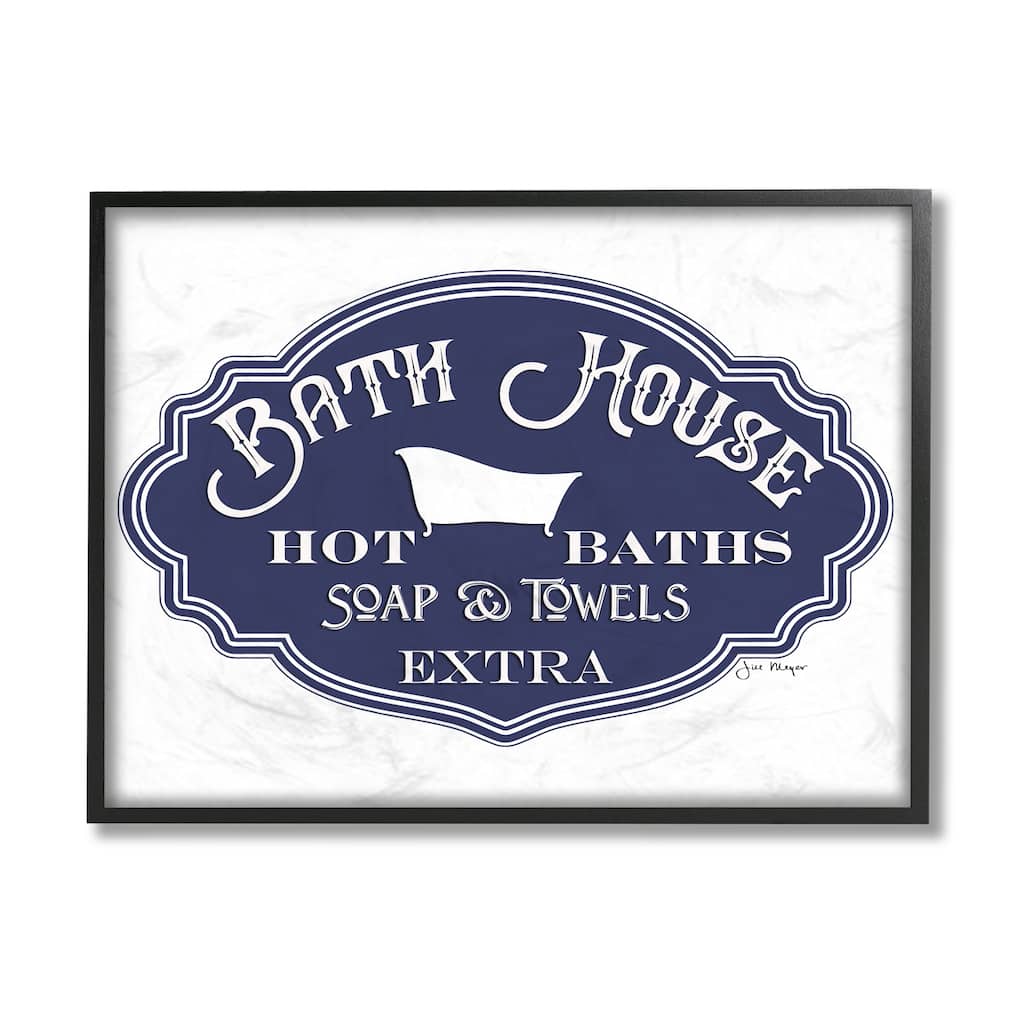 Stupell Vintage Bath House Sign Minimal Blue White Framed Giclee Art Design By Jill Meyer