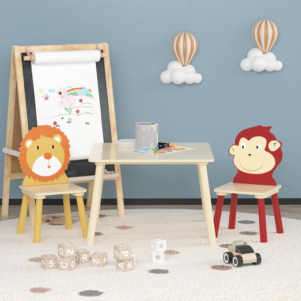 slide 2 of 9, Kids Table and 2 Chairs Set,3 Pieces Toddler Table and Chair Set,Wooden Activity Play Table Set (Lion&Monkey) Natural
