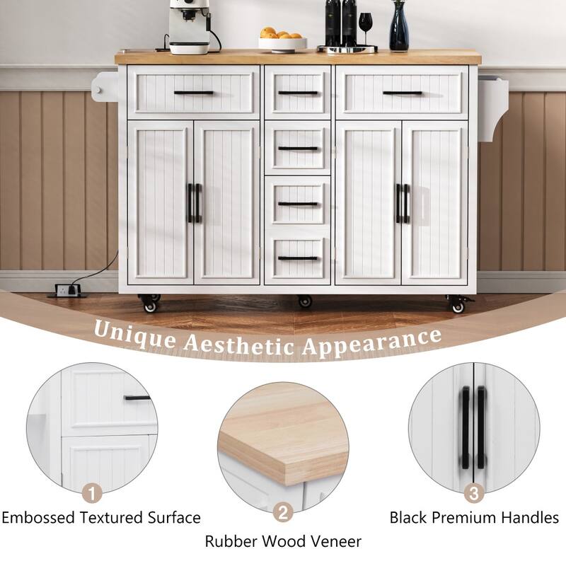 56.5'' Kitchen Island with Drop Leaf, Power Outlet, Embossed Vertical Stripe and Adjustable Shelves