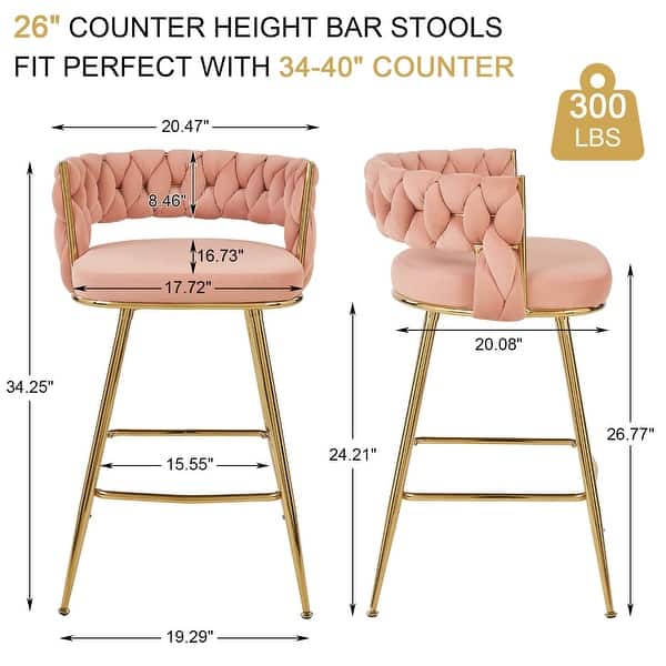 dimension image slide 3 of 5, Javlergo Set of 2/4/6 Counter Height Bar Stools 26.77" Upholstered Woven Back Bar Chairs with Armrests and Footrest