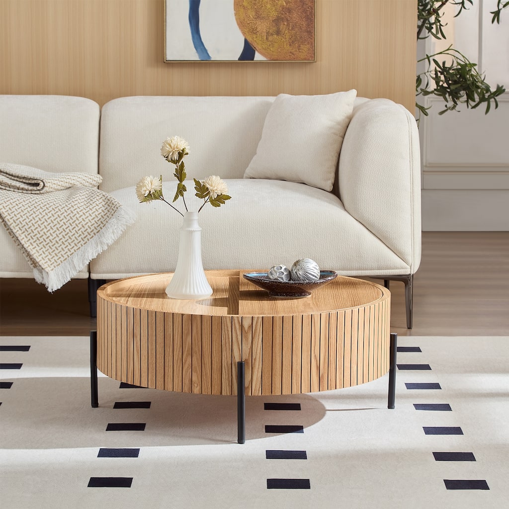 Round Coffee Table Accent Table Tea Table with Storage, Natural Center Table Rustic Sofa Table Side Table